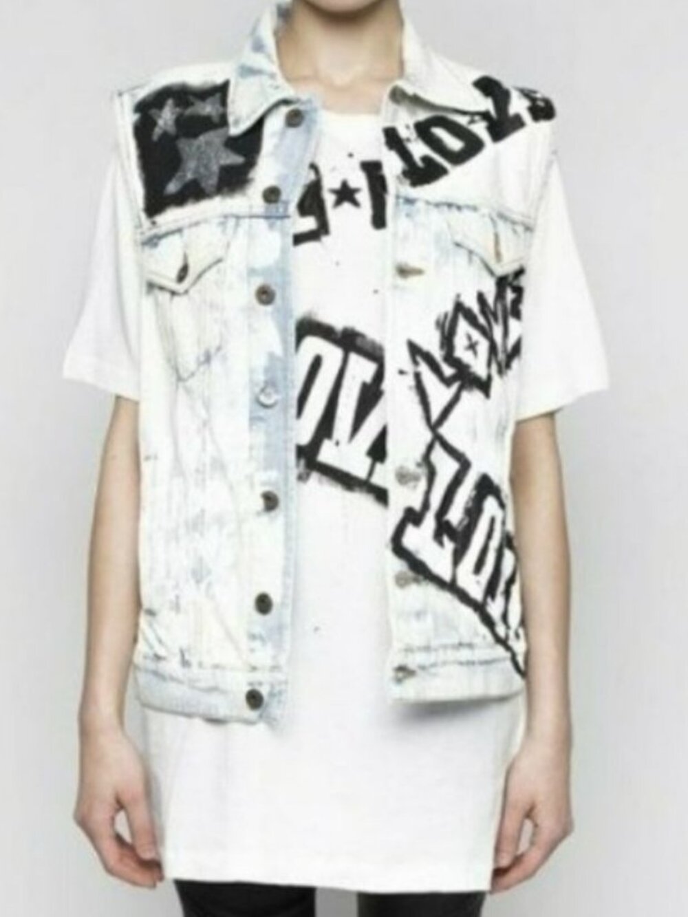 Faith Connexion White Denim Vest Graffiti Print Punk Art to Wear DIY Costume